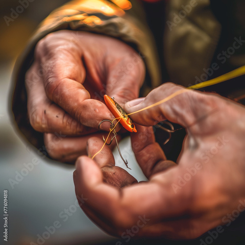 Close-Up of Hands Tying a Lure for Fly Fishing with Precise Detail, AI Generation