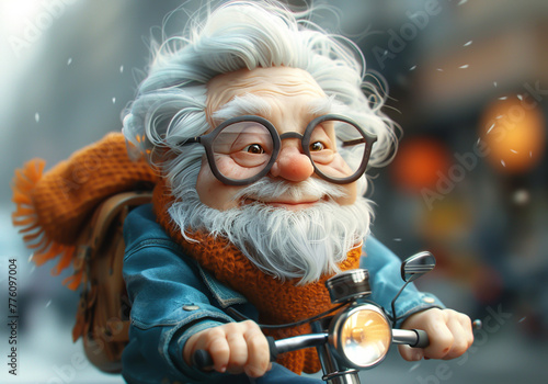 3D funny illustration of elderly man on a scooter. AI generated