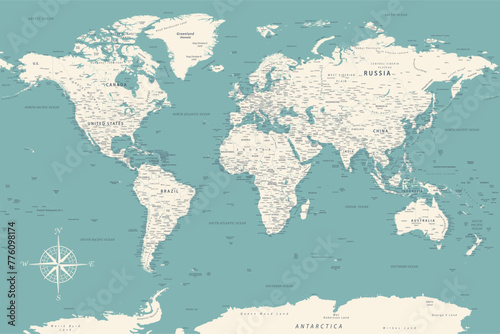 World Map - Highly Detailed Vector Map of the World. Ideally for the Print Posters. Faded Blue Green White Colors