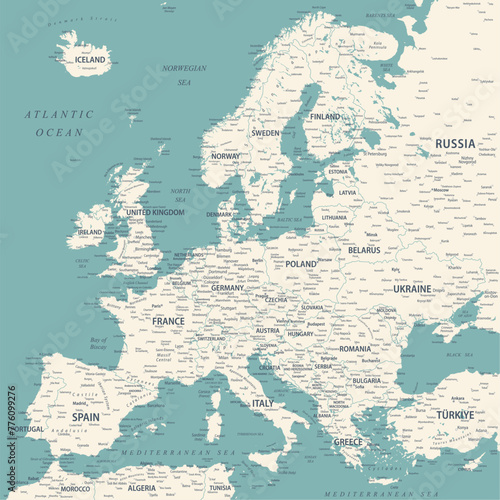 Europe - Highly Detailed Vector Map of the Europe. Ideally for the Print Posters. Faded Blue Green White Colors