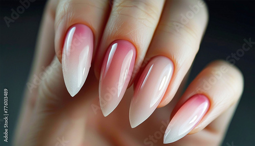Gel nail extension pink colored. Multicolored manicure with different shades of pink nail Polish on women's hand. close up