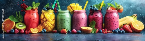 Smoothie making competition, using a variety of tropical fruits to create new flavors , hyper realistic photography