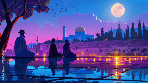 A thoughtful cartoon illustration of Yom Kippur featuring individuals in quiet prayer and reflection