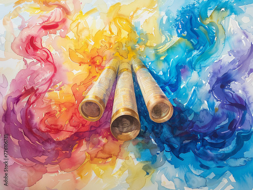 A watercolor artwork for Simchat Torah expressing the joy of the holiday through vibrant colors swirling around Torah scrolls