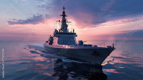 3D visual of Thai destroyer ship at twilight with reflection on serene water