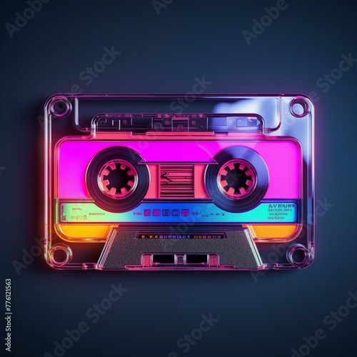 Retro audiocassette. Neon audio cassette. Old-school nostalgia concept