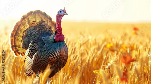  A plump turkey strutting proudly amidst a field of golden wheat 