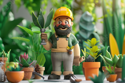 Gardener character holding pruning shears among potted plants