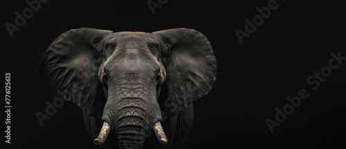 A majestic African elephant portrait captured against a stark black background highlighting its texture and tusks