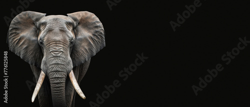 The solo elephant portrait emphasizes its majestic and calm essence contrasting with black