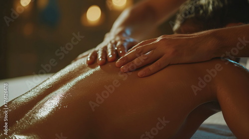 woman lies on a massage table while a massage therapist performs a back massage using professional techniques in a spa setting