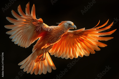 phoenix bird with gold-red feathers with outstretched wings on an isolated black background. Concept of rebirth