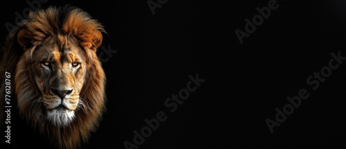 A regal male lion with a lush mane stares intently in this powerful close-up portrait, set against a deep black background for dramatic effect