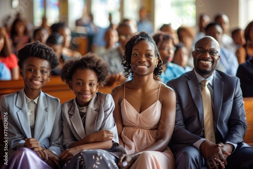 African American family smiling and embracing faith and love as they sit together in a beautiful church, radiating joy on a sunny day.