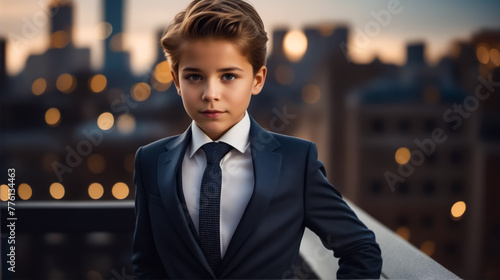 A young boy in a suit and tie stands on a ledge in a city. The boy is wearing a tie and a suit jacket, and he is looking directly at the camera. Concept of formality and professionalism
