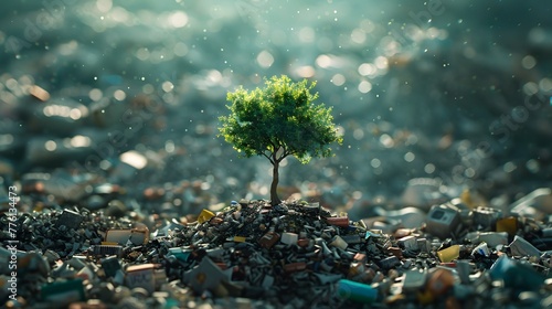 A small tree growing in the middle of a pile of garbage