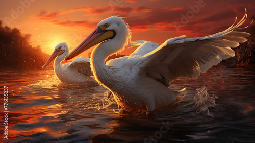pelicans at sunset