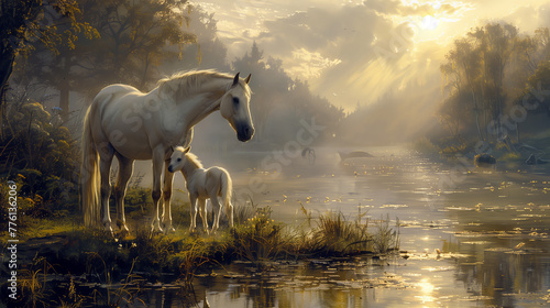 Majestic White Horses in Misty Morning Light by the Riverside