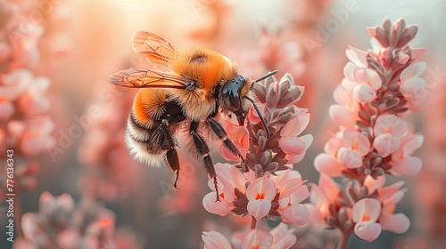 a bumble bee flies over the beautiful pink flower, a beautiful garden. Generated AI. 