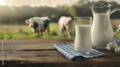 A pitcher and a glass of milk on a wooden table with a cow in the background during sunrise.