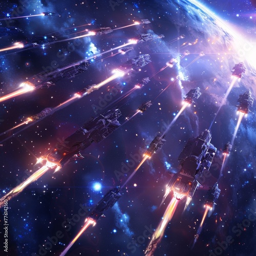 Space fleet in echelon formation, meteor showers around, starry background, intense