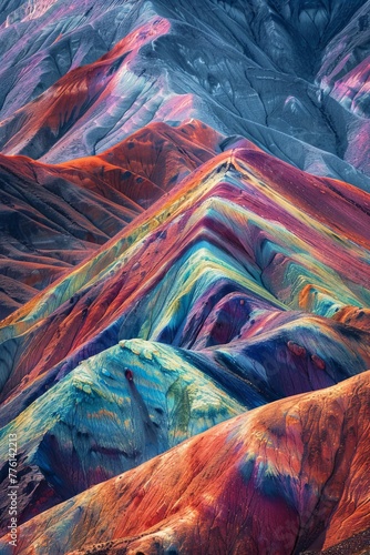 Technicolor abstract mountains, peaks in surreal hues, majestic and otherworldly