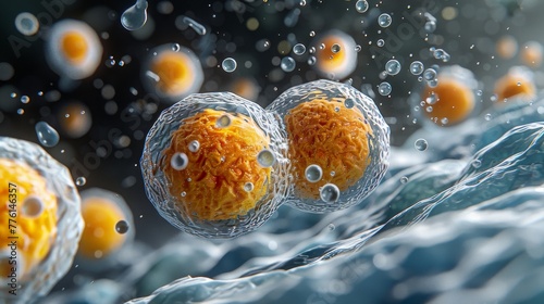 3D rendering of insulin molecules interacting with fat cells, as seen through an advanced microscope,