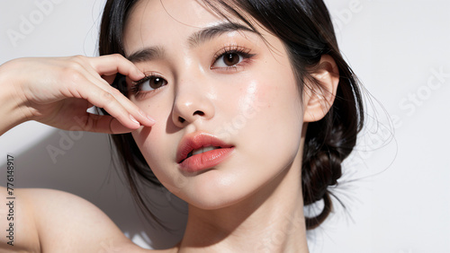 beautiful Korean girl, good skin, black hair, white background, skin care