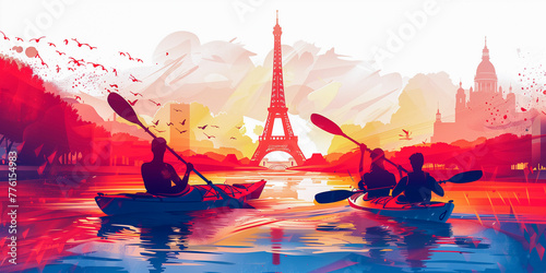 The Olympic Games in Paris France 2024. Swimmers of team sports in a special boat with oars on the background of the Eiffel Tower