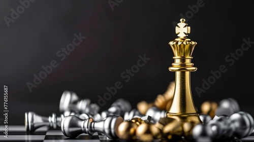 golden chess king standing on a board among fallen chess pieces on a black background