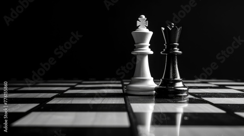 The king of white chess pieces stands next to the queen of black chess pieces on a chess board