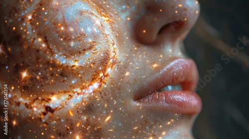  A tight shot of a face, adorned with stars encircling it within the night sky, specifically around her nostrils