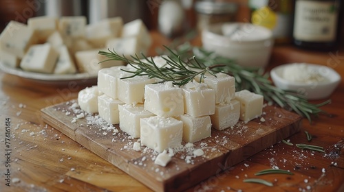  A wooden cutting board bearing cubed cheese and a rosemary sprig atop it