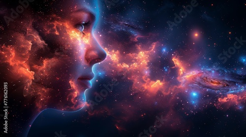  A tight shot of a human face gazing at a vast starfield and a helical galaxy