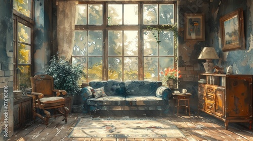 Western style decor, western rural room watercolor style