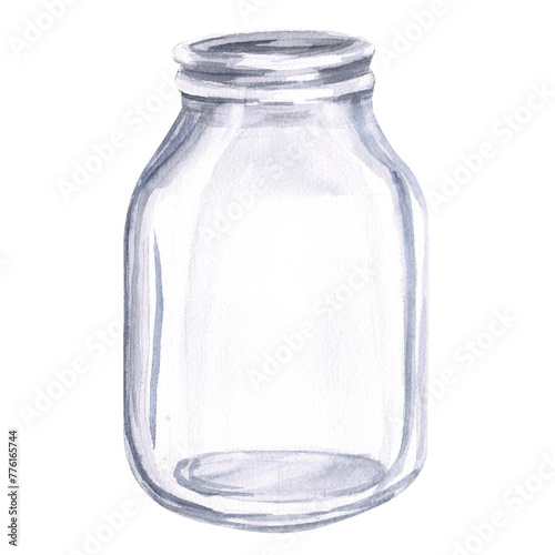 Glass jar empty in watercolor illustration on white background. Hand drawn glass illustration for cookbooks, dessert recipes and rustic natural products, preparations.