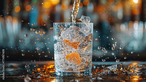 Close-up of a bartender pouring a stream of sparkling water into a glass, capturing the essence of refreshment, solid color background, 4k, ultra hd