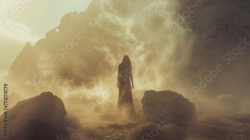 A woman stands alone in a serene, mist-covered field with the sun rising in the background, creating a dreamlike ambiance..