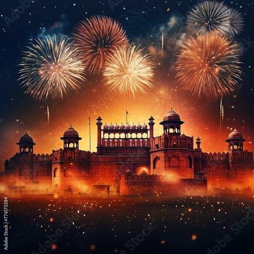 illustration of Red Fort at Night with Fireworks India Tourism Attra, Generative ai