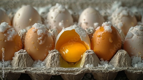 A carton of brown and white eggs with one broken open, showing a bright yolk, all dusted with fresh snowflakes.