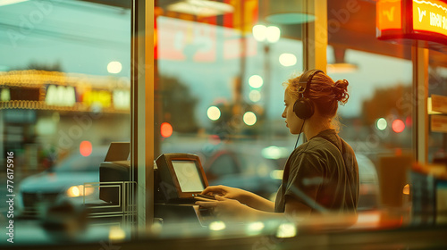 Young fast food worker taking orders at the drive-thru, window perspective showing