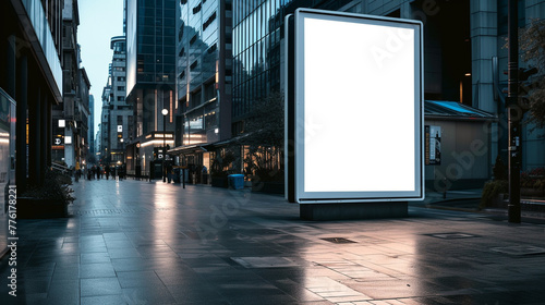 Billboard advertisement template on an urban plaza, the white poster design becoming a focal point in the public space, merging commerce with urban life.