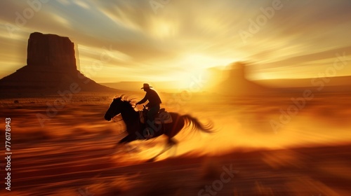 Cowboy riding horse running fast in American's wild west rugged land