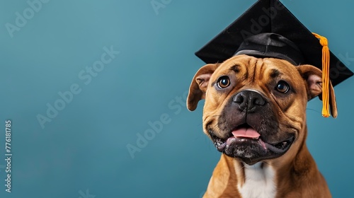 Funny dog in graduation cap on colored background