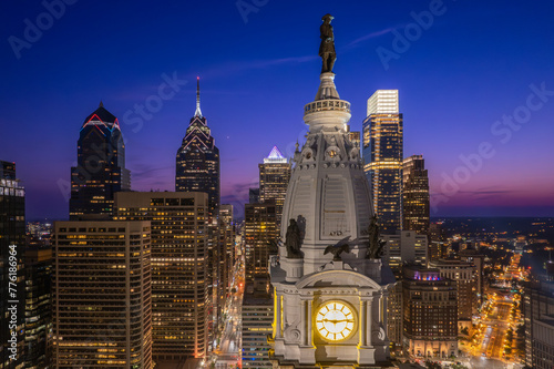 Philadelphia City Hall and Center City Drone Photo. Evening and Sunset.