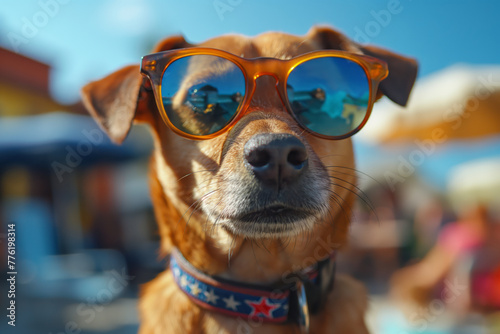Dog in sunglasses, American flag holiday. Generative AI