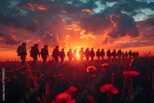 Field at sunset, soldiers silhouettes, a tribute to service and sacrifice. Generative AI