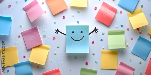 Colorful sticky note character with a smiley face clinging to reminders and adhesive aids on a clean white background with copy space