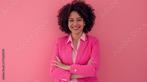 Linda mulher usando um terno rosa no fundo rosa