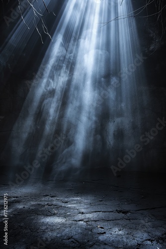 An evocative forest floor shrouded in shadows with divine light beams filtering through, creating an otherworldly atmosphere
